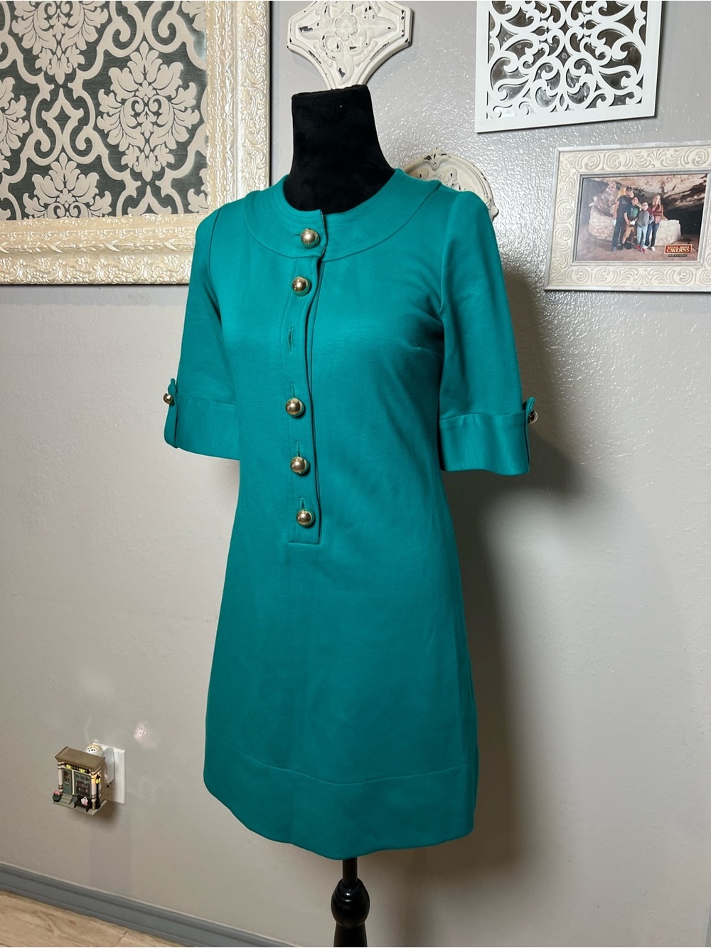 Teal Short Sleeve Button Front Shift Dress - Picture 3 of 12